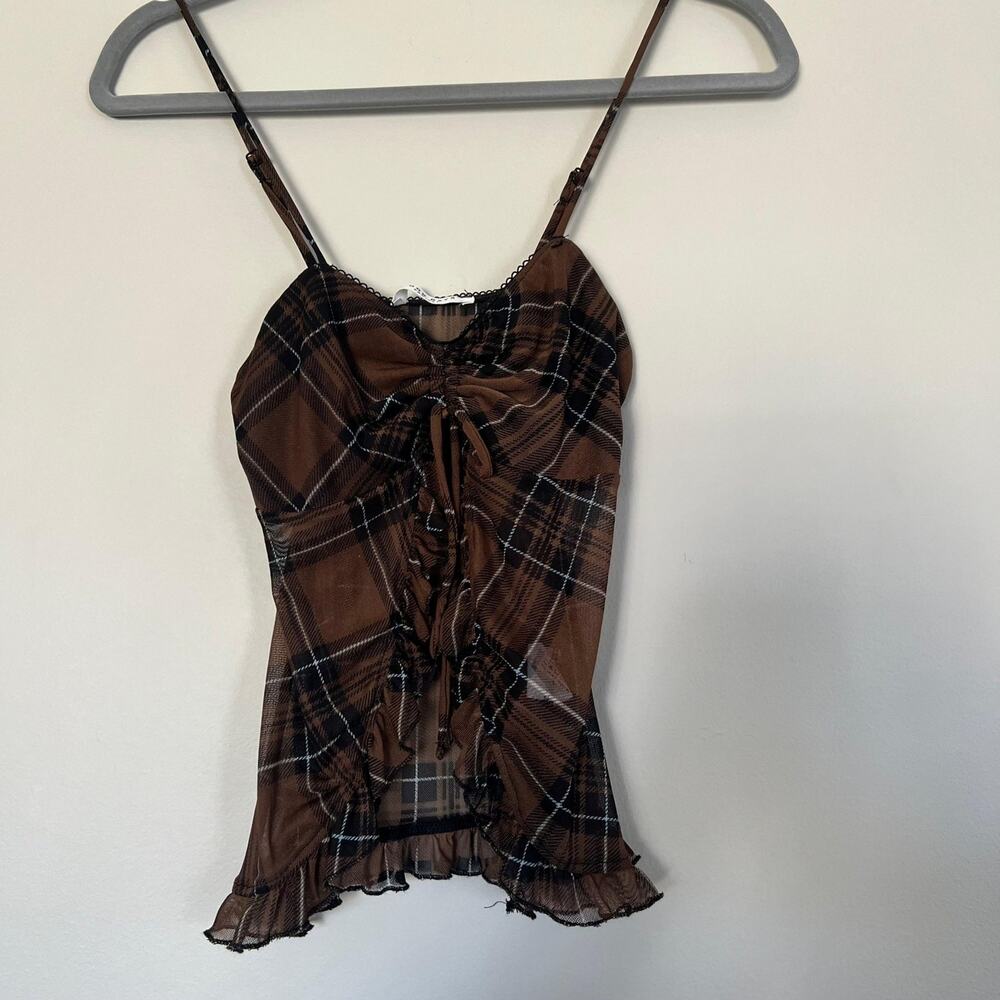 Brown Plaid Mesh Ruched Cami Top Ruffle Size Small